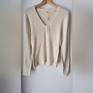 Max Studio V neck Ribbed Knit Pullover Sweater Ivory Beige size XL Fitted